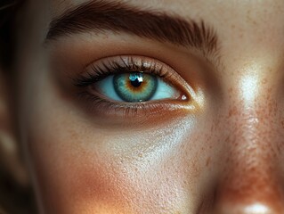 Fototapeta premium Close-up of a woman's eye highlighting vibrant colors and details, showcasing natural beauty in a warm, soft light setting