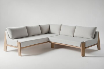 Naklejka premium A light gray fabric corner sofa with wooden legs, featuring an L-shaped structure and four individual seats on the right side of each armrest