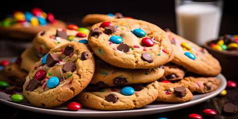 Lot of cookies with color smarties putted on white plate.
