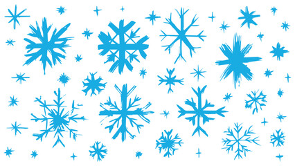 Background with hand drawn blue snowflakes, set of snowflakes of different shapes and sizes, New Year concept, winter snowflakes made with wide brush, Christmas hand drawn white snow print for print