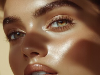 Fototapeta premium Close-up of radiant skin with glowing highlights and striking eyes illuminated by soft natural light in a warm-toned setting