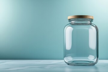 Transparent glass jar with wooden lid positioned on a marble surface against a soft blue background and illuminated by subtle lighting