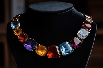 Elegant multi-colored gemstone necklace displayed on a black stand in a softly lit jewelry showcase setting