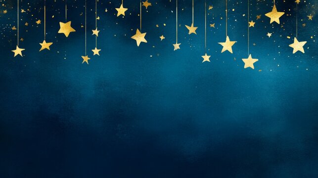 Sparkling Gold Stars Hanging on Strings, Festive Blue Background, Christmas, Celebration, Decoration - Powered by Adobe