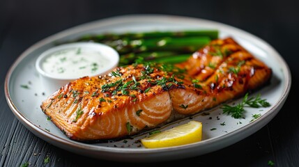 Delicious grilled salmon accompanied by lemon, asparagus, and creamy sauce on a white plate