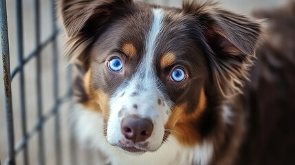 Beautiful brown and white dog with striking blue eyes waiting in a kennel for adoption in a lively animal shelter setting