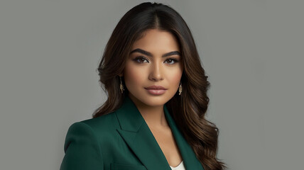 Obraz premium portrait of a latina american mexican professional woman tv news presenter long hair wearing green woman dressed elegantly formal on a white background
