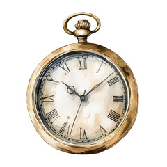 A watercolor illustration of a vintage pocket watch, isolated on a white background. Vintage pocket watch vector.
