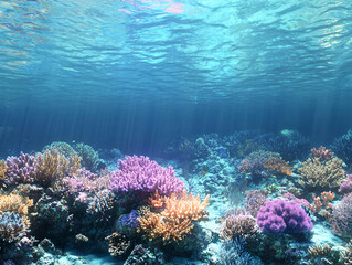 lively underwater scene with bright corals and colorful fish, showcasing beauty of marine life and vibrant ecosystems. sunlight filters through water, creating serene atmosphere