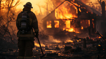 Frustrated Fire Fighter Standing Stunned In Front of Home In Ruins From Fire. Generative AI.