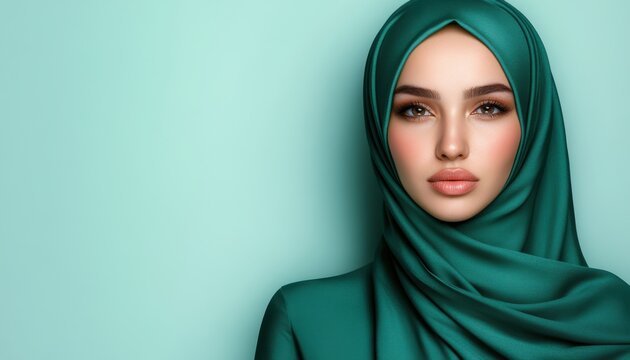 Elegant woman in green hijab poses against a mint green background showcasing traditional attire and natural beauty