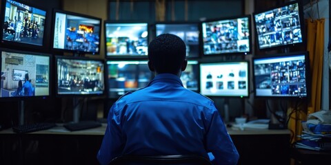 Surveillance action by security officer in control room urban environment technology concept informative viewpoint, security guard