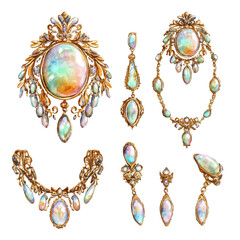 A watercolor painting of a vintage gold and opal jewelry set, isolated on a white background. Vintage gold and opal jewelry set vector.
