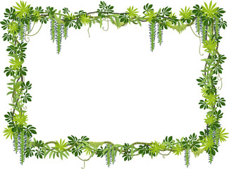 Tropical jungle forest liana frame with green leaves and plants, vector background. Liana vine or ivy leaf frame of tropical creeping jungle tree, rainforest bindweed plant and monstera leaves © Vector Tradition