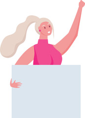 Young blonde woman activist holding blank banner and raising fist up during protest or demonstration for women's rights, gender equality, feminism and social justice
