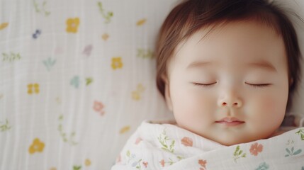 A peaceful sleeping baby wrapped in a floral blanket, lying on a soft surface, exuding innocence and tranquility.