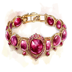 A watercolor painting of a vintage-inspired ruby bracelet, isolated on a white background. Vintage-inspired ruby bracelet vector.
