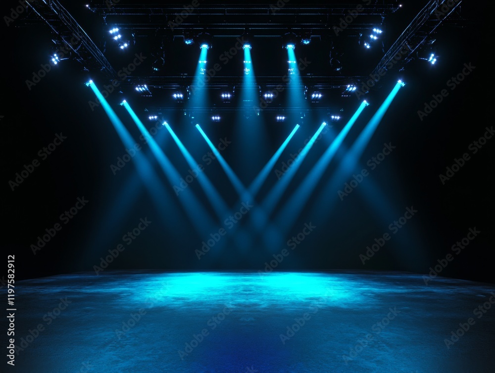 Sticker Empty stage illuminated by blue light beams on a dark background, abstract minimalistic design, high-resolution digital artwork.