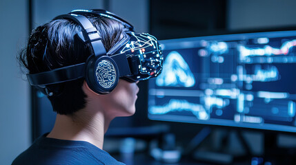 Advanced BCI technology featuring glowing neural signal interfaces, interactive brainwave analysis, and immersive cognitive feedback