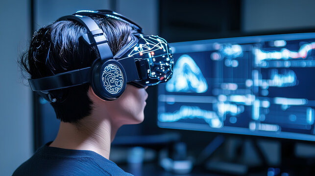 Advanced BCI technology featuring glowing neural signal interfaces, interactive brainwave analysis, and immersive cognitive feedback