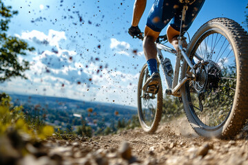 Mountain Biker Kicking Up Dirt on Scenic Trails Under Bright Sunny Skies