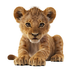 Obraz premium Adorable lion cub resting paws forward big brown eyes cute wildlife animal baby lion