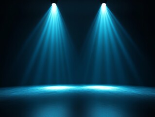 Symmetrical Blue Light Beams on Dark Floor, 3D rendering of an atmospheric space with deep shadows and striking illumination.