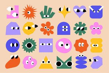 Set of funny and colorful shapes with eyes. Cartoon characters. Emotional forms. Childish vector elements. Doodle art.