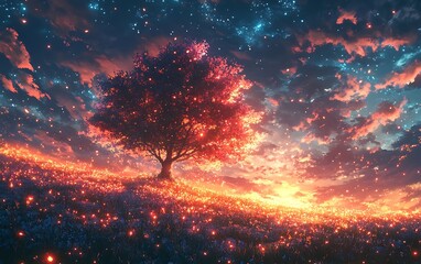 Glowing Tree in Fantasy Field at Twilight