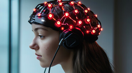 Advanced Brain-Computer Interface (BCI) with digital neural signal decoding, glowing brainwave patterns, and immersive cognitive enhancement features