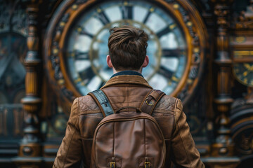 Naklejka premium Generative AI Portrait of a Fantasy Time Traveler Contemplating Antique Clock Mechanism