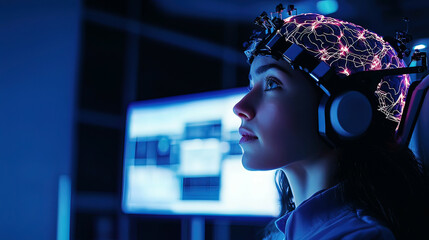 Advanced Brain-Computer Interface (BCI) with glowing cognitive tools, real-time neural signal processing, and immersive brainwave analytics