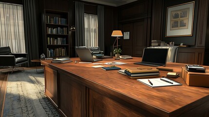 Luxurious Oak Study: Sunlit Desk with Laptops and Books