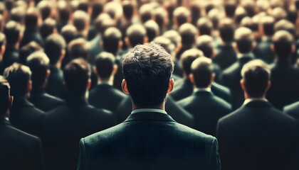Obraz premium Individual Standing Amongst Many, Facing a Crowd of Identical Suits in a Darkened Space, Representing Conformity, Identity and Social Dynamics in Contemporary Society