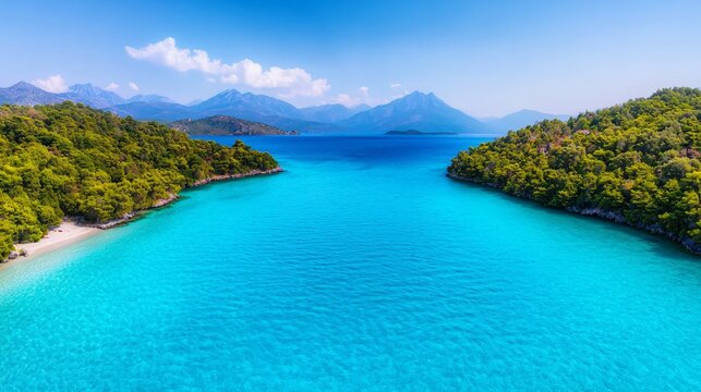 Secluded turquoise bay with lush green shores and distant mountains under a clear blue sky.