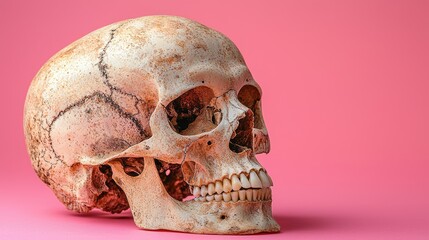 Obraz premium Strikingly Realistic Front-Facing Human Skull Portrait Showcasing Uncompromising Detail on a Vibrant, Flat Pink Background.