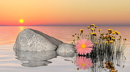 5. A serene lake reflecting an abstract past with floating stone monoliths engraved with luminous patterns, surrounded by a vivid spectrum of flowers that shimmer like fireflies in the twilight 