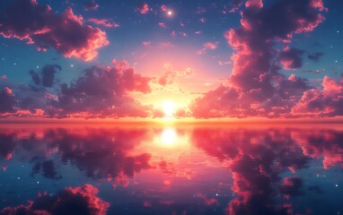 Obraz premium Pink and Red Ocean Sunrise Reflection