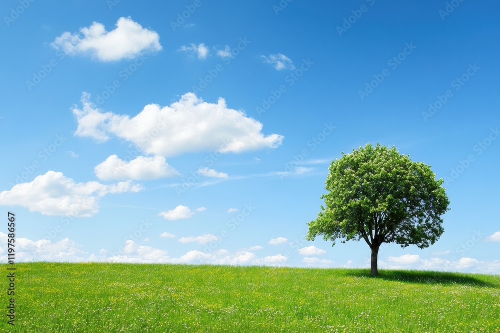Poster lush green landscape with a single tree against a bright blue sky filled with fluffy clouds. generat