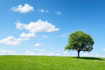 Obraz premium Lush green landscape with a single tree against a bright blue sky filled with fluffy clouds. Generative AI