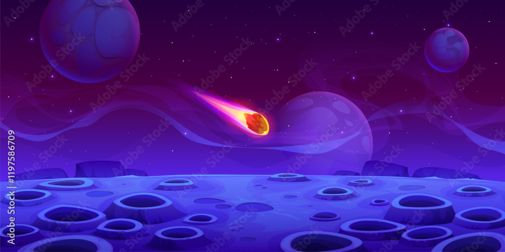 Poster Space alien planet surface with falling asteroid, galaxy background. Cartoon vector celestial scene with a comet plummeting toward a mysterious planet with craters in vast Universe filled with stars