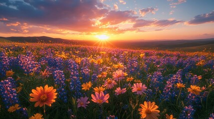 Fototapeta premium A sunrise illuminating a field of wildflowers, vibrant colors, natural beauty, wildflower sunrise