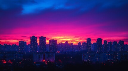 Obraz premium A sunrise over a city skyline, with buildings silhouetted against the colorful sky, urban sunrise background
