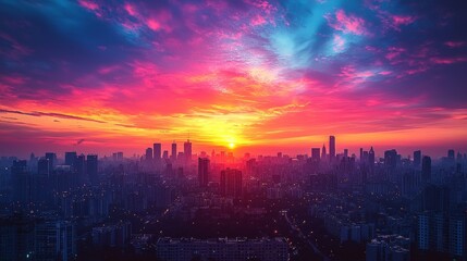 Obraz premium A sunrise over a city skyline, with buildings silhouetted against the colorful sky, urban sunrise background