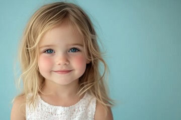 Naklejka premium A young girl with blue eyes and blonde hair smiles gently, her innocence framed by a soft blue background and turquoise background.