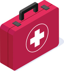 Closed red first aid kit with white cross isometric medical equipment is standing on white background representing healthcare, emergency and medicine