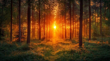 A sunrise through a forest, with sunlight filtering through the trees, dappled light, forest sunrise