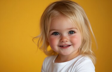 Naklejka premium A cheerful girl with blonde hair and blue eyes smiles against a vivid yellow background, her matching shirt enhancing the lively feel.