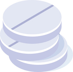 Three round medical pills form a stack, each featuring a dividing line and presented in an isometric view, emphasizing their three dimensional form against a plain white backdrop