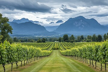 Fototapeta premium Vineyard rows, mountains, cloudy sky.
